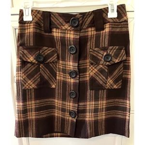 Ann Taylor Brown Plaid Front Button Mini Pencil Skirt 0P 0 Petite
